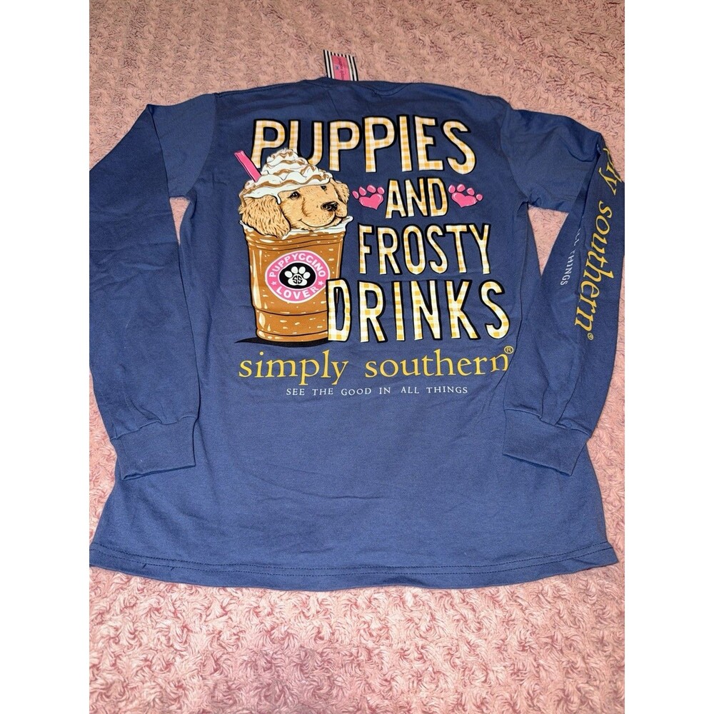 NEW Simply Southern Puppies & Frosty Drinks Long Sleeve Shirt Small Navy